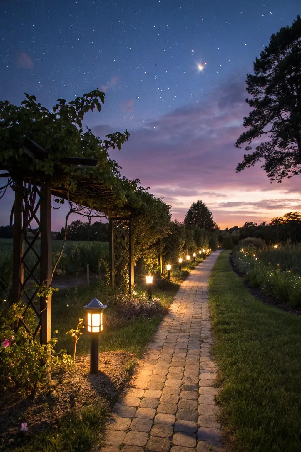 Eco-friendly solar lights adding a magical touch to the garden.