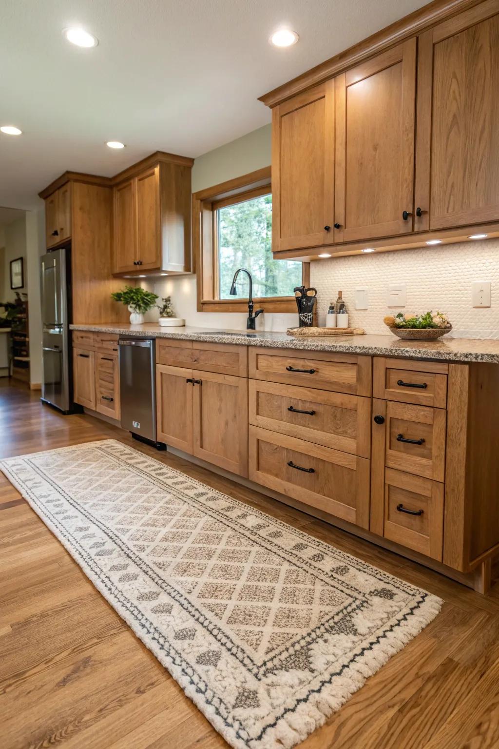 Rugs add warmth and texture to oak kitchen floors.