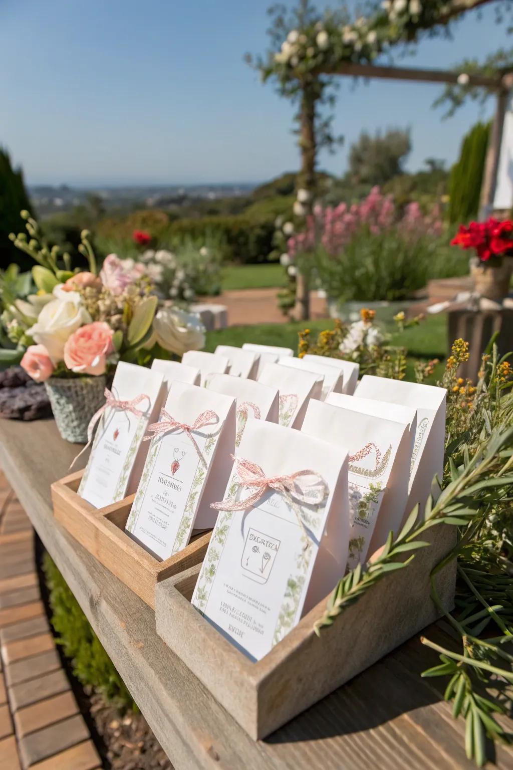 Unique favors like seed packets make for memorable keepsakes.