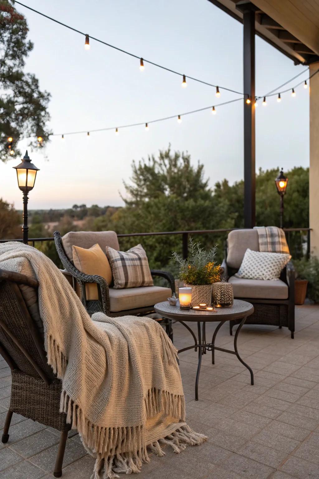 Outdoor blankets provide warmth and comfort.