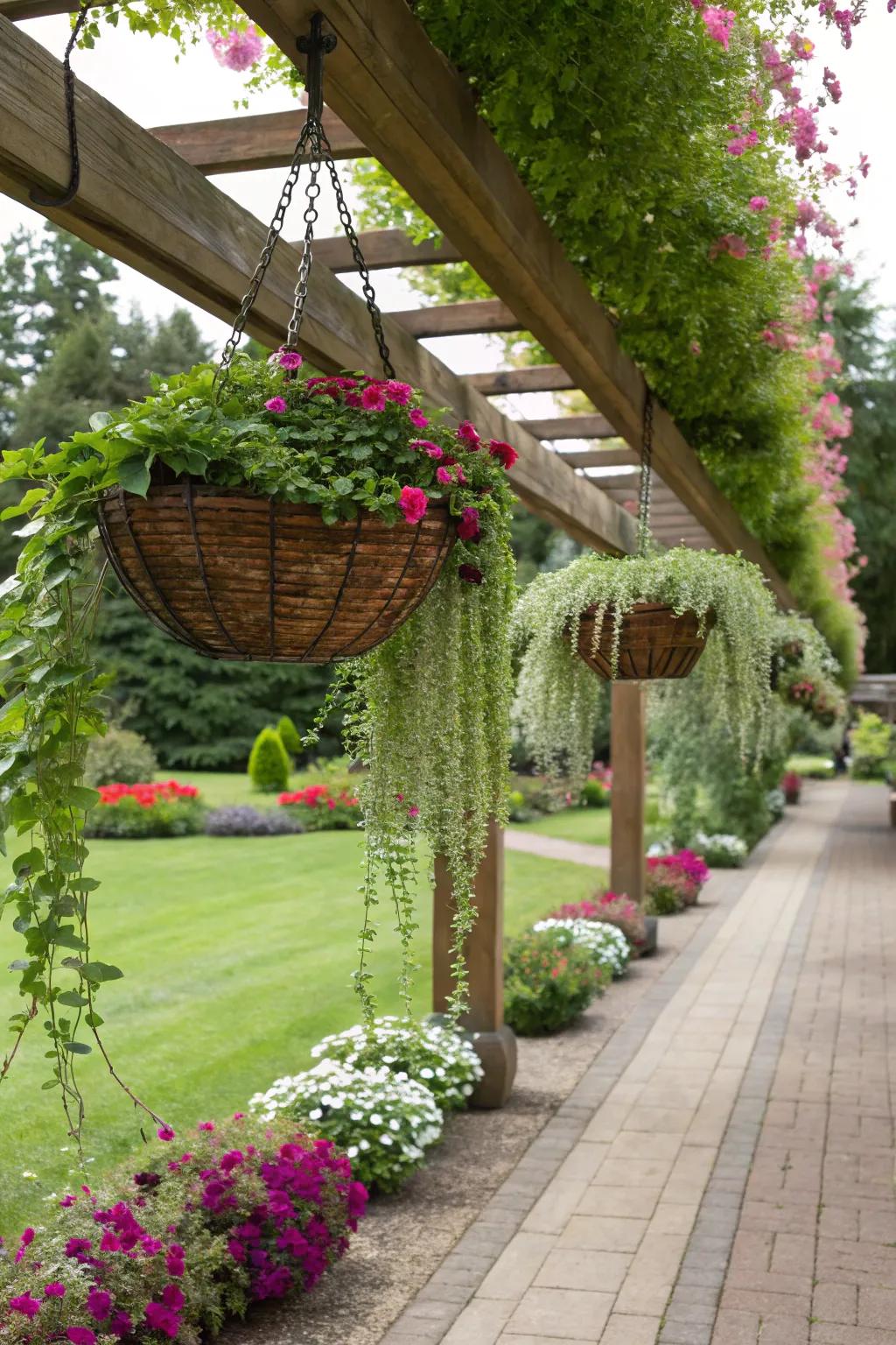 Hanging gardens adding depth and drama to the space.