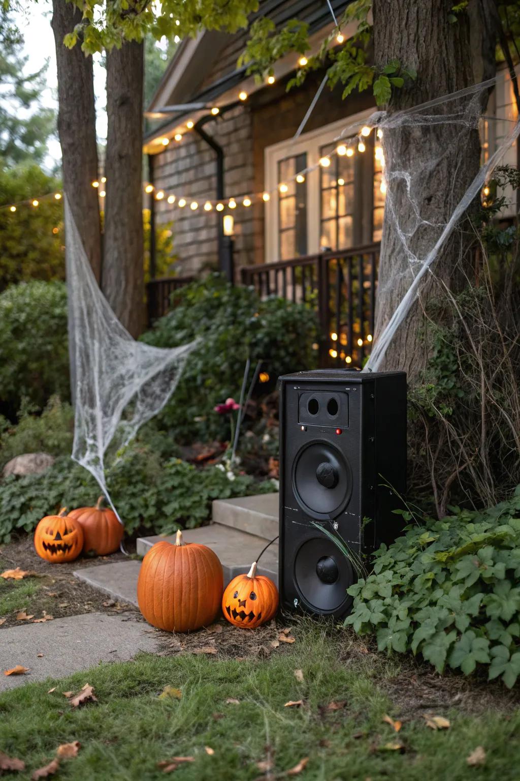 Spooky sounds fill the air, completing the Halloween ambiance.