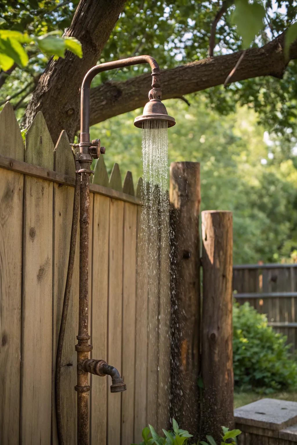 An industrial chic outdoor shower with exposed piping.