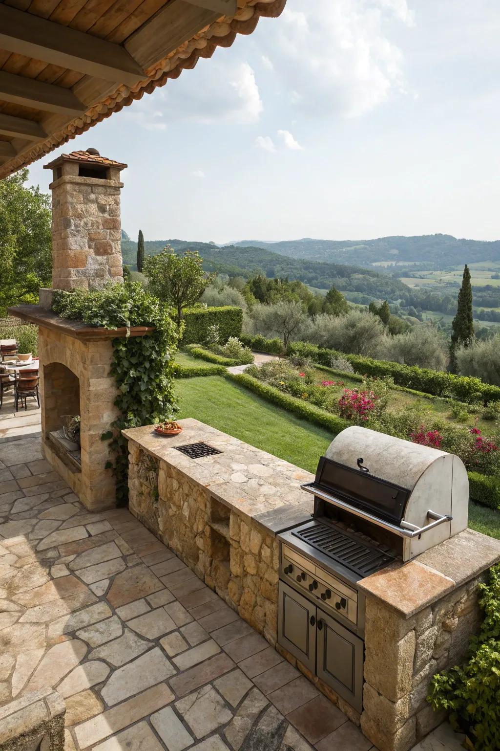 An elevated BBQ terrace offers stunning views and a unique cooking experience.