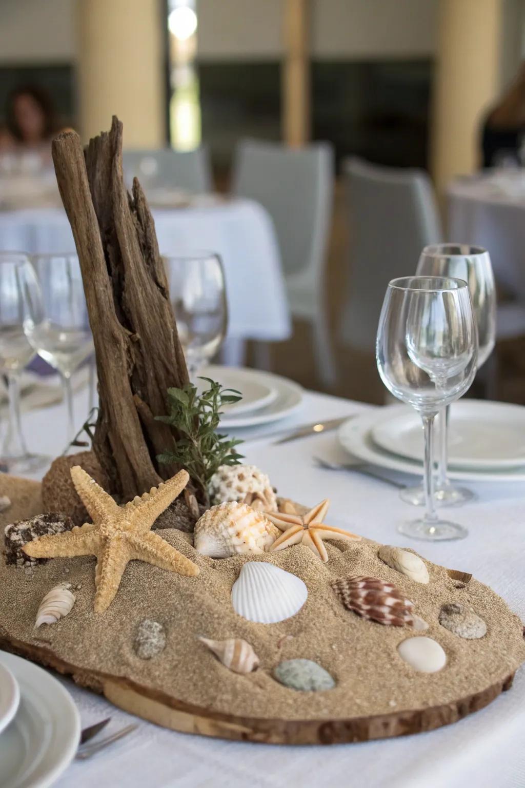 A nautical centerpiece with shells and driftwood.