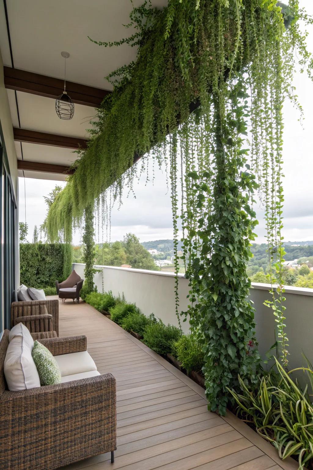 Blend privacy with nature using suspended greenery.