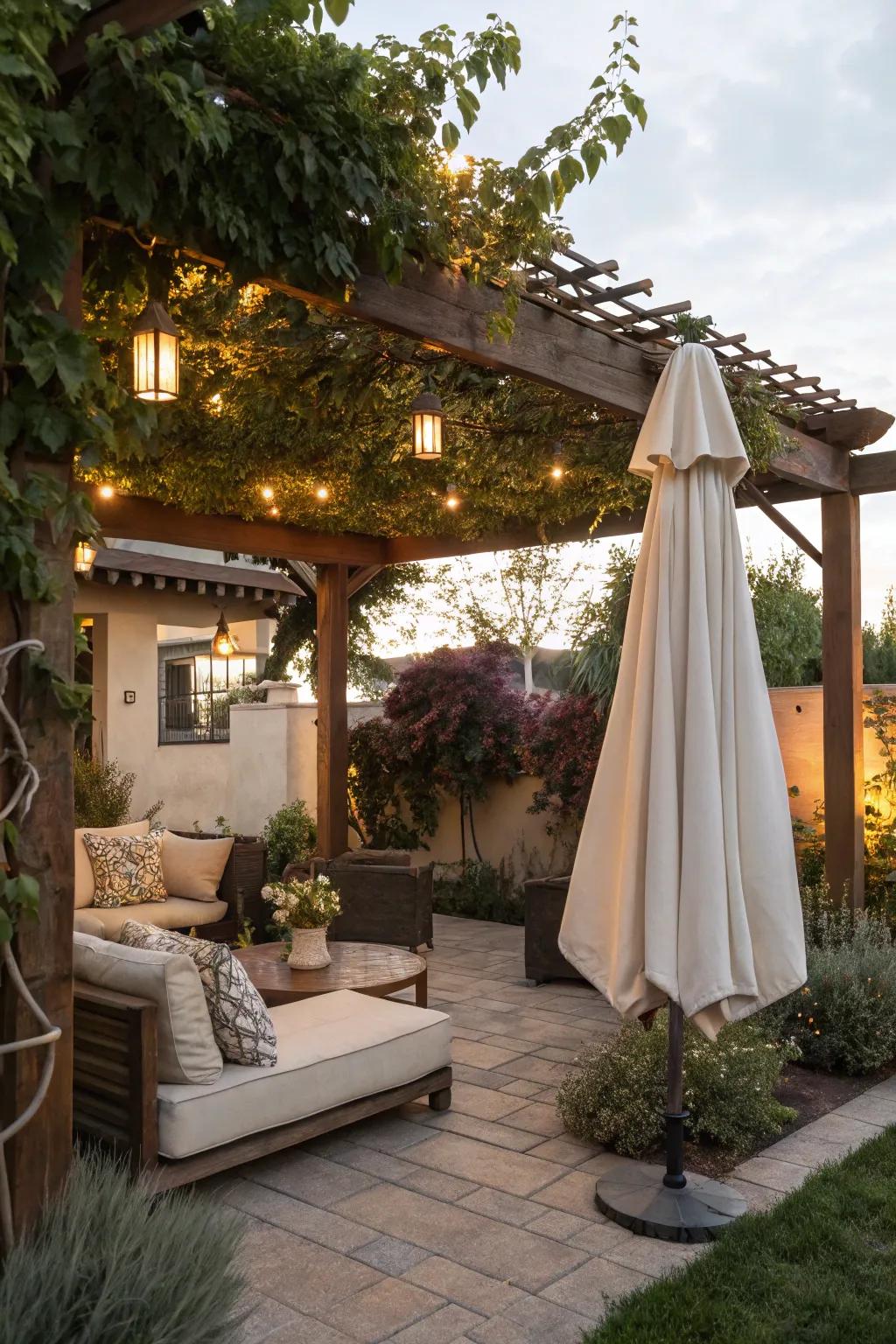 Practical use of a pergola for hanging umbrella storage.