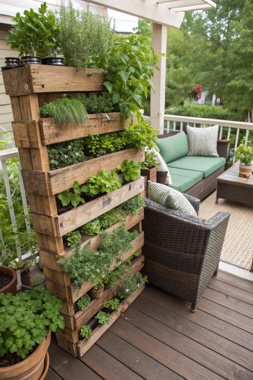 A lush vertical garden maximizing patio space.