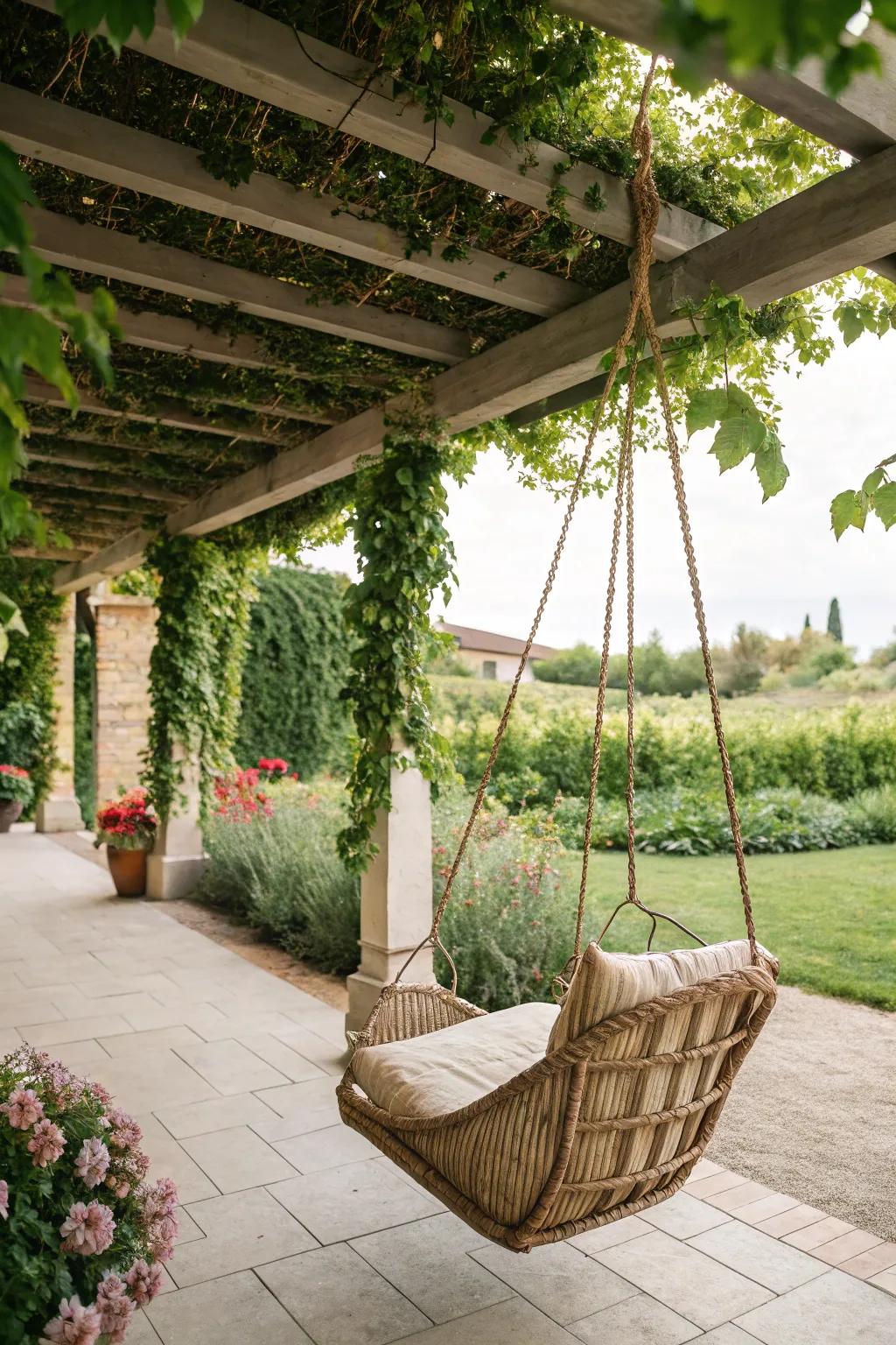 A wicker swing offers a bohemian touch and a relaxing spot.