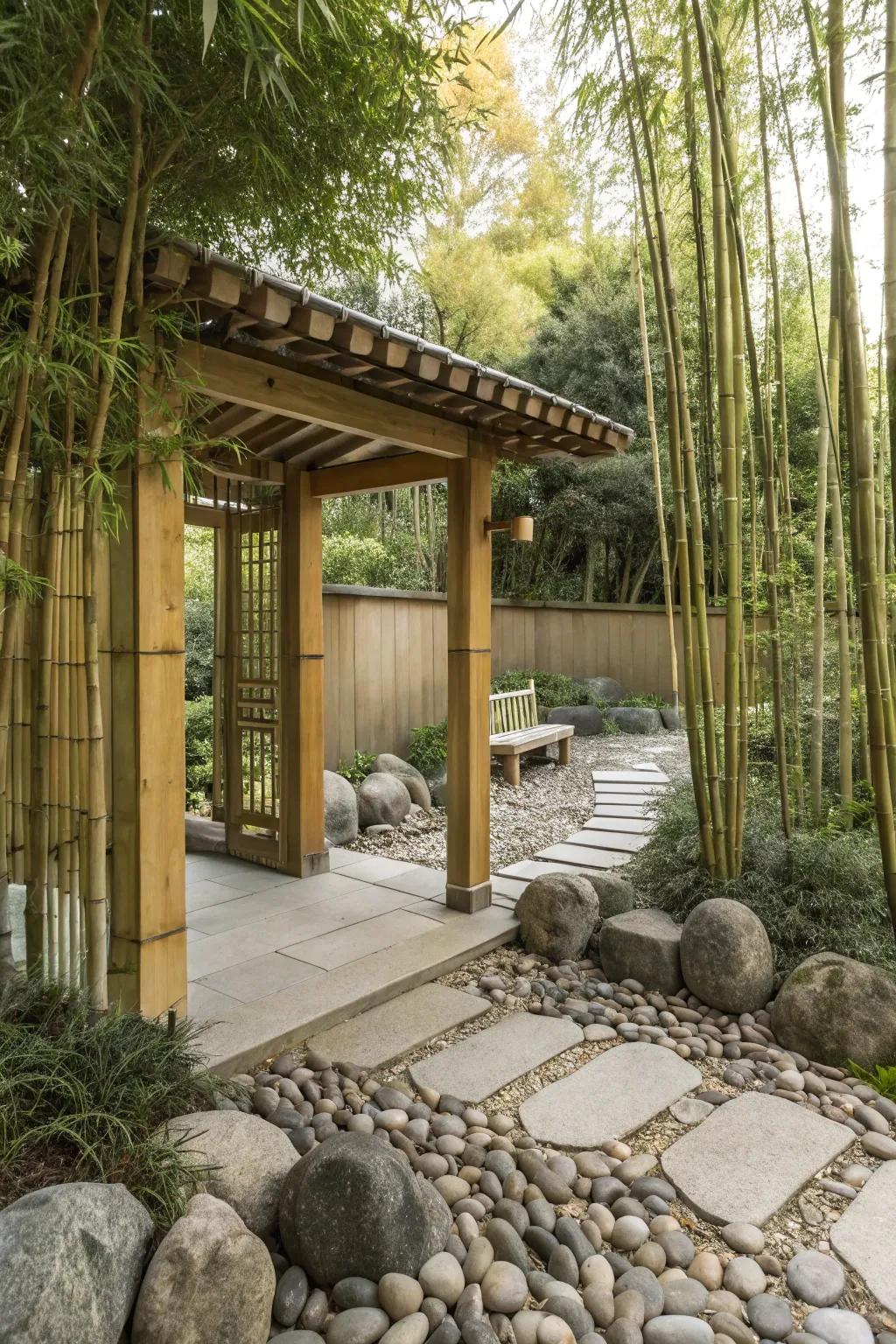 A Zen garden arbor provides a serene space for relaxation.