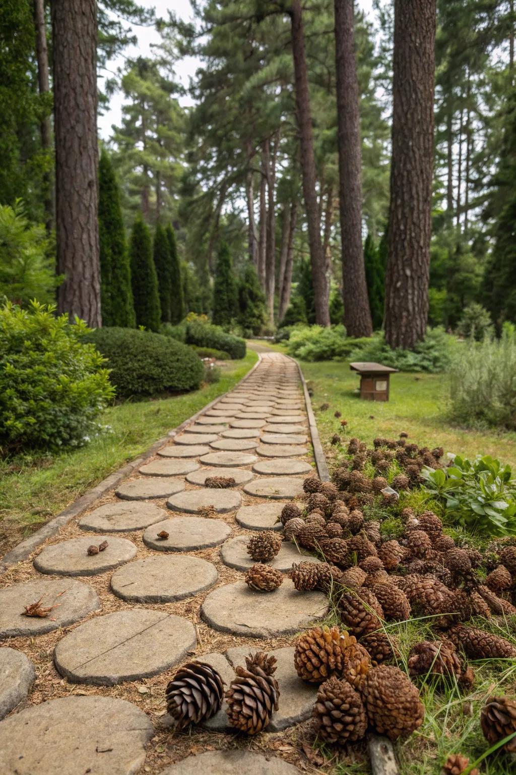 Pinecones define charming natural pathways.