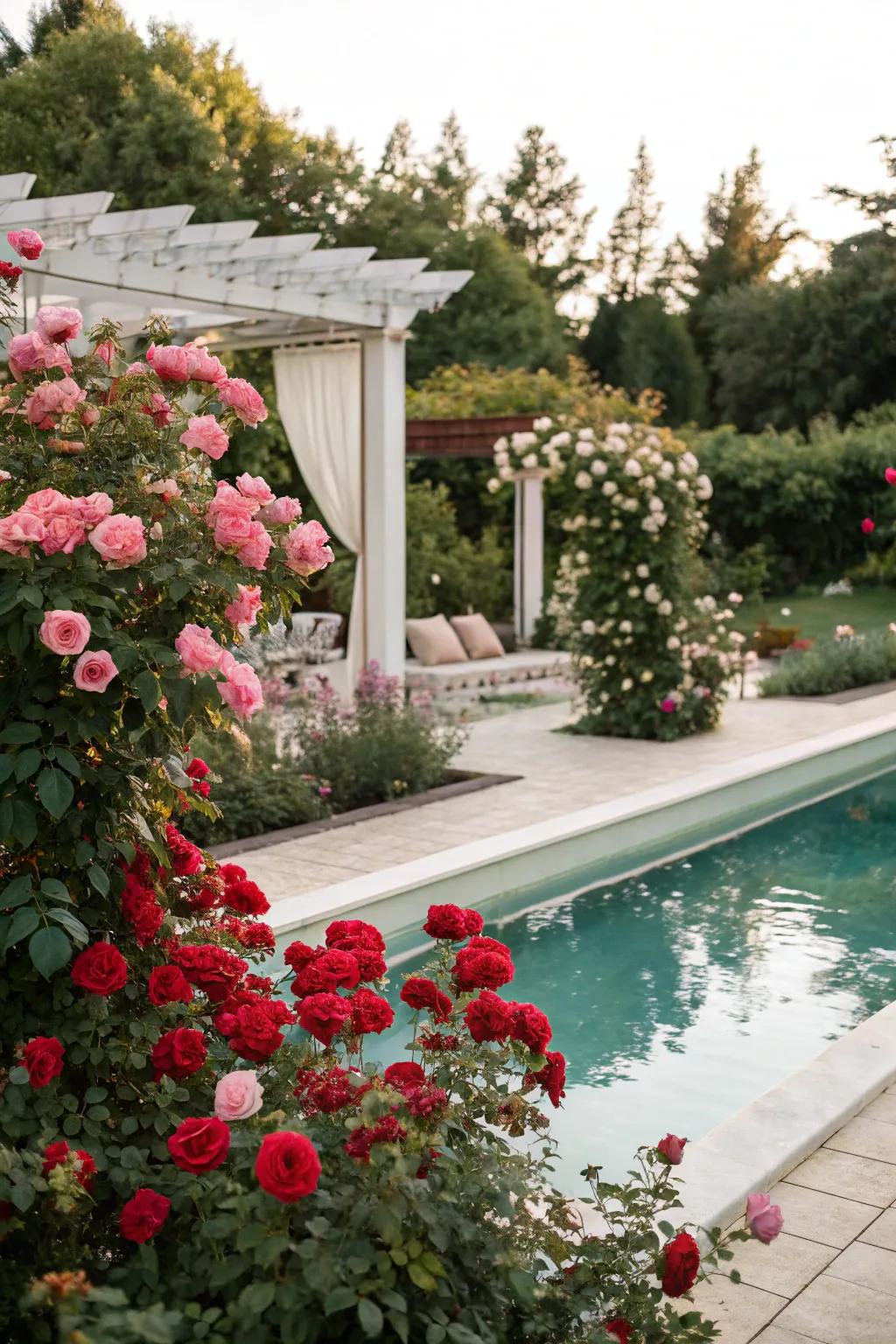 Roses bring romantic beauty and fragrance to the poolside.