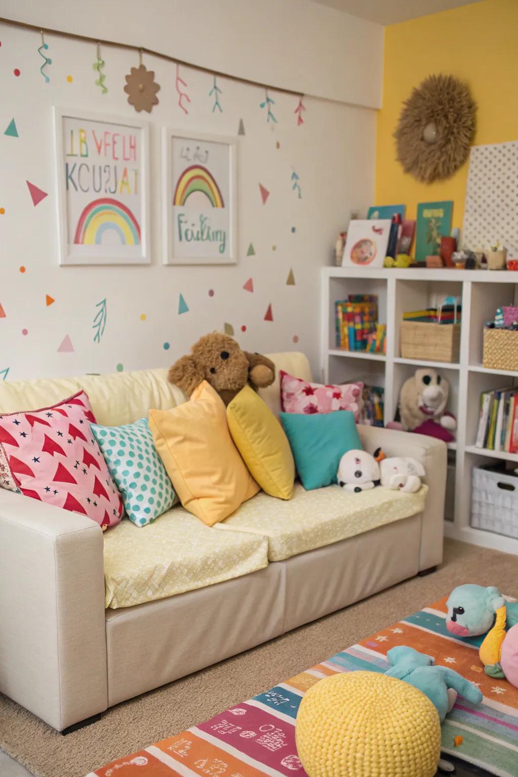 A balanced playroom with a bright and neutral color combo couch.