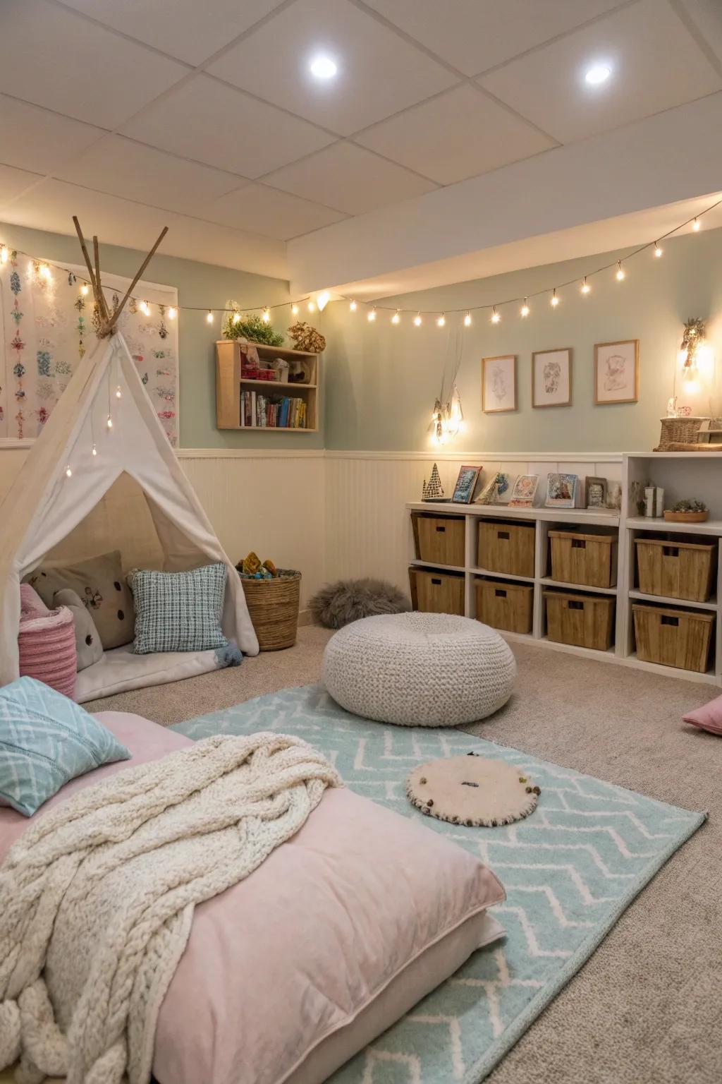 A serene relaxation zone within the playroom.