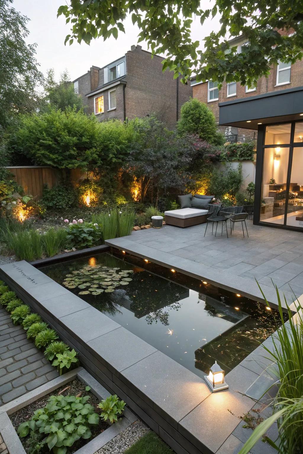 A modern raised pond design in an urban backyard.