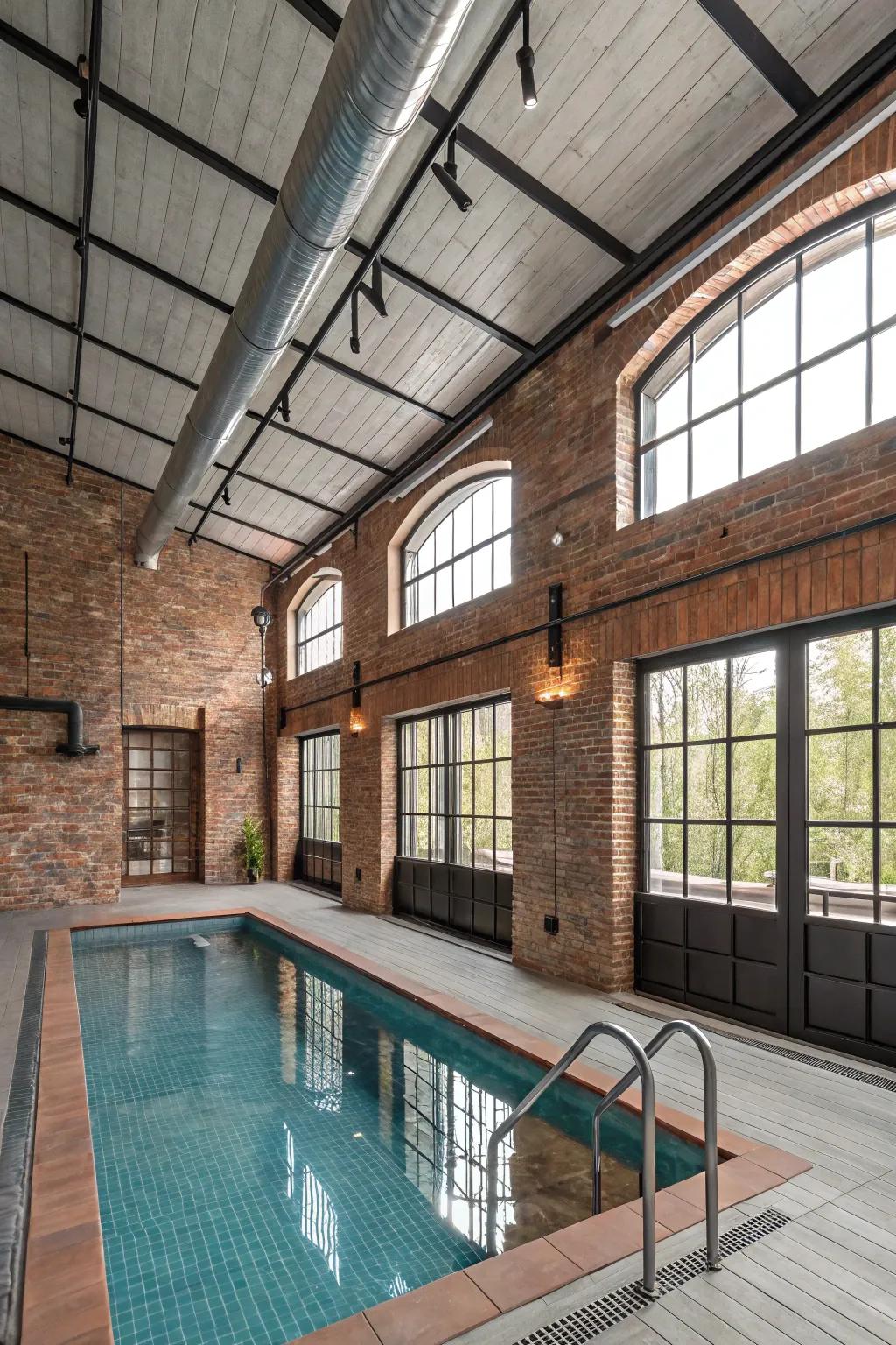 A pool house with a chic industrial design.