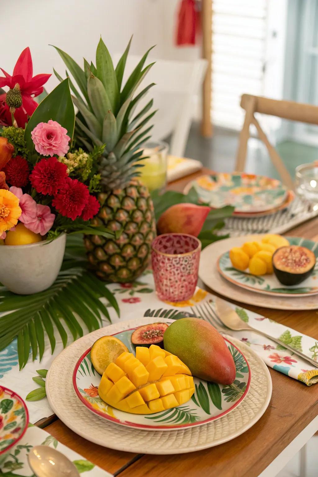 A dining table with tropical-themed decor, showcasing exotic fruits and bright colors.