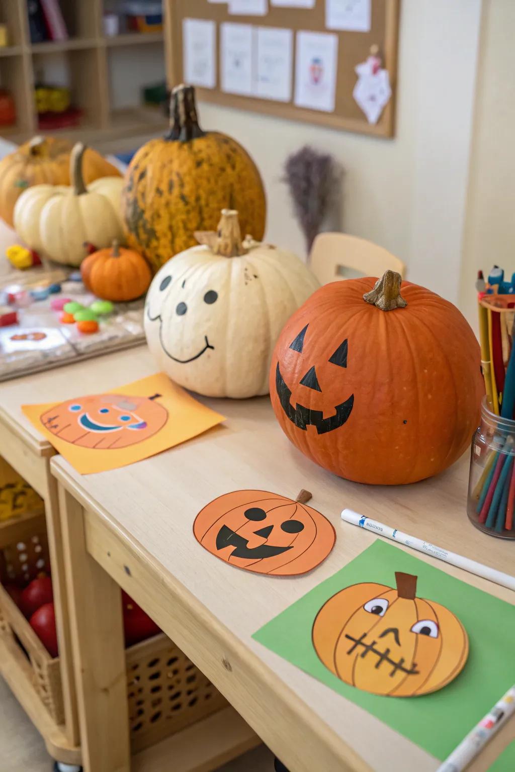 Pumpkins with whimsical paper cutout faces.