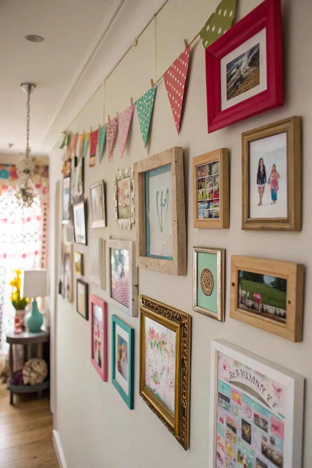 DIY art displays create a personalized gallery.