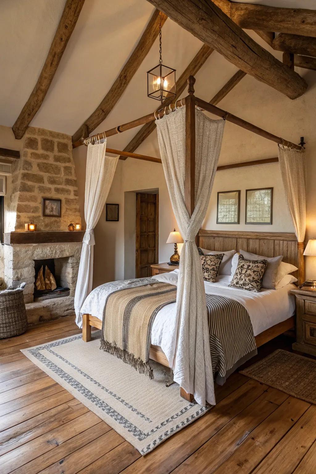 A bedroom featuring a canopy bed with rustic decor accents.