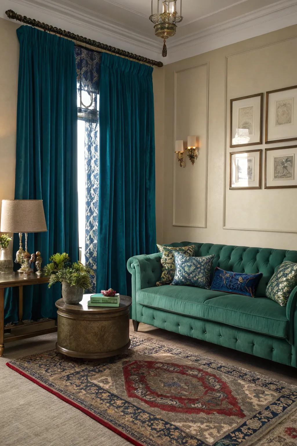 A dramatic and elegant living room with jewel tones.