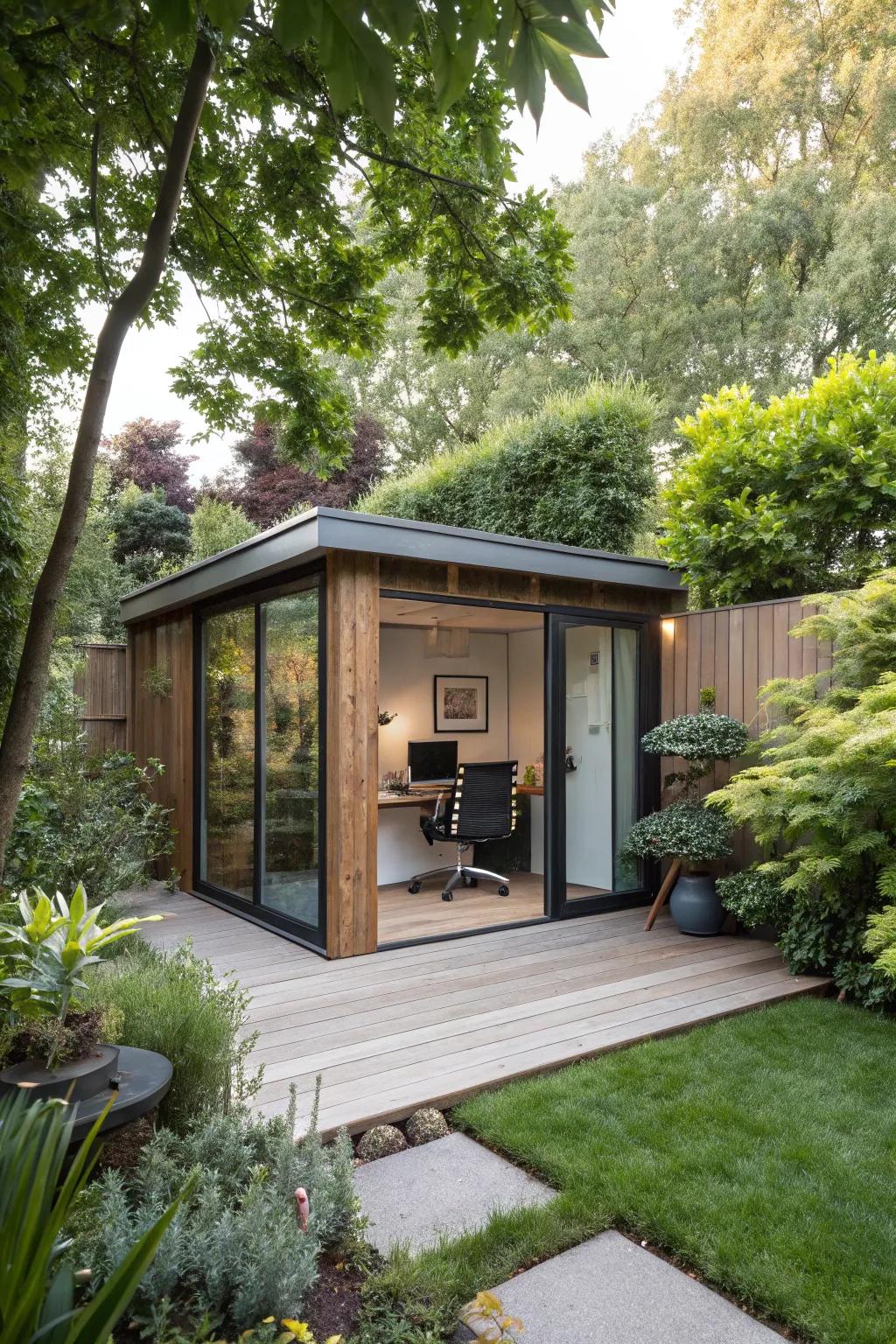 A backyard office offers a serene escape for productive work.