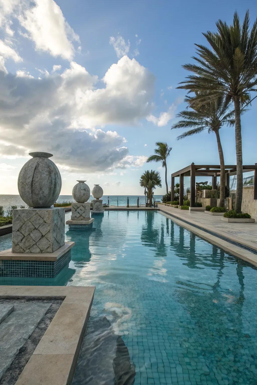 Sculptural art pieces add an artistic flair to the poolside.