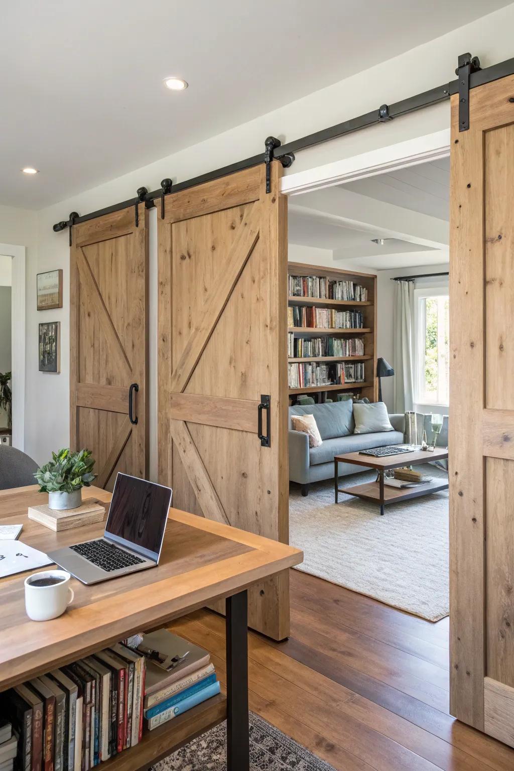 Divide your spaces with style using dynamic dividers like barn doors.