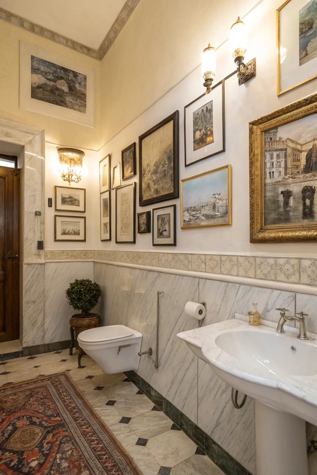 A gallery wall adds personality and charm to this elegant bathroom.