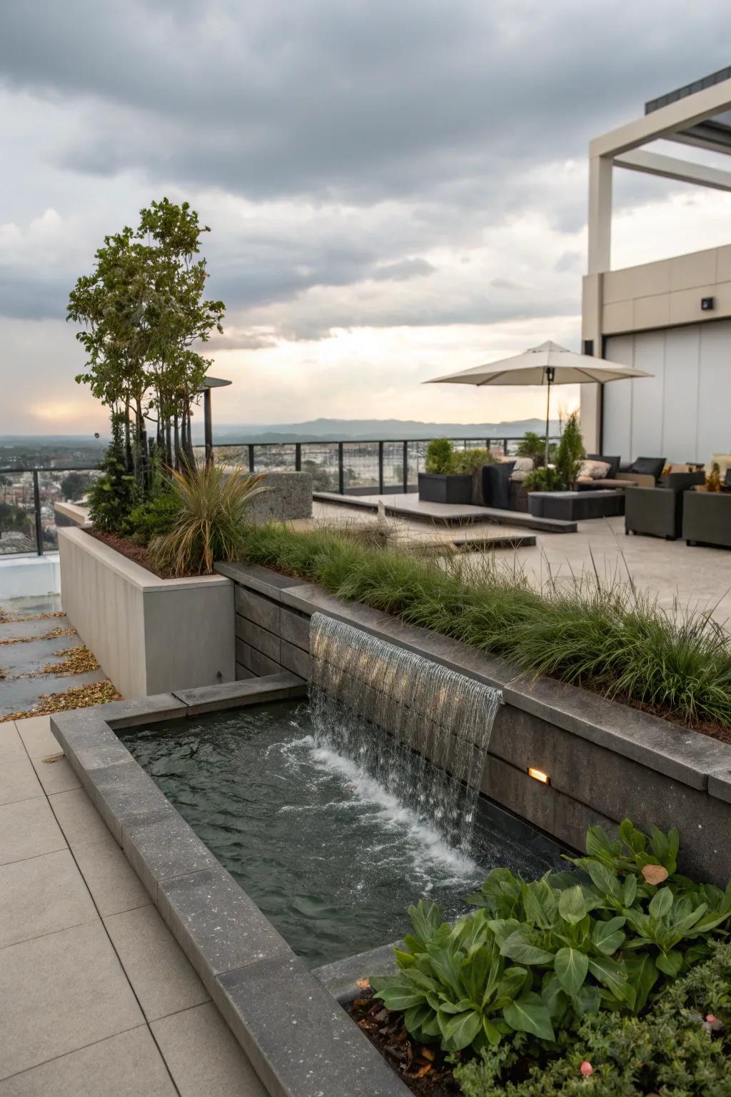 Tranquil rooftop with a calming water feature.