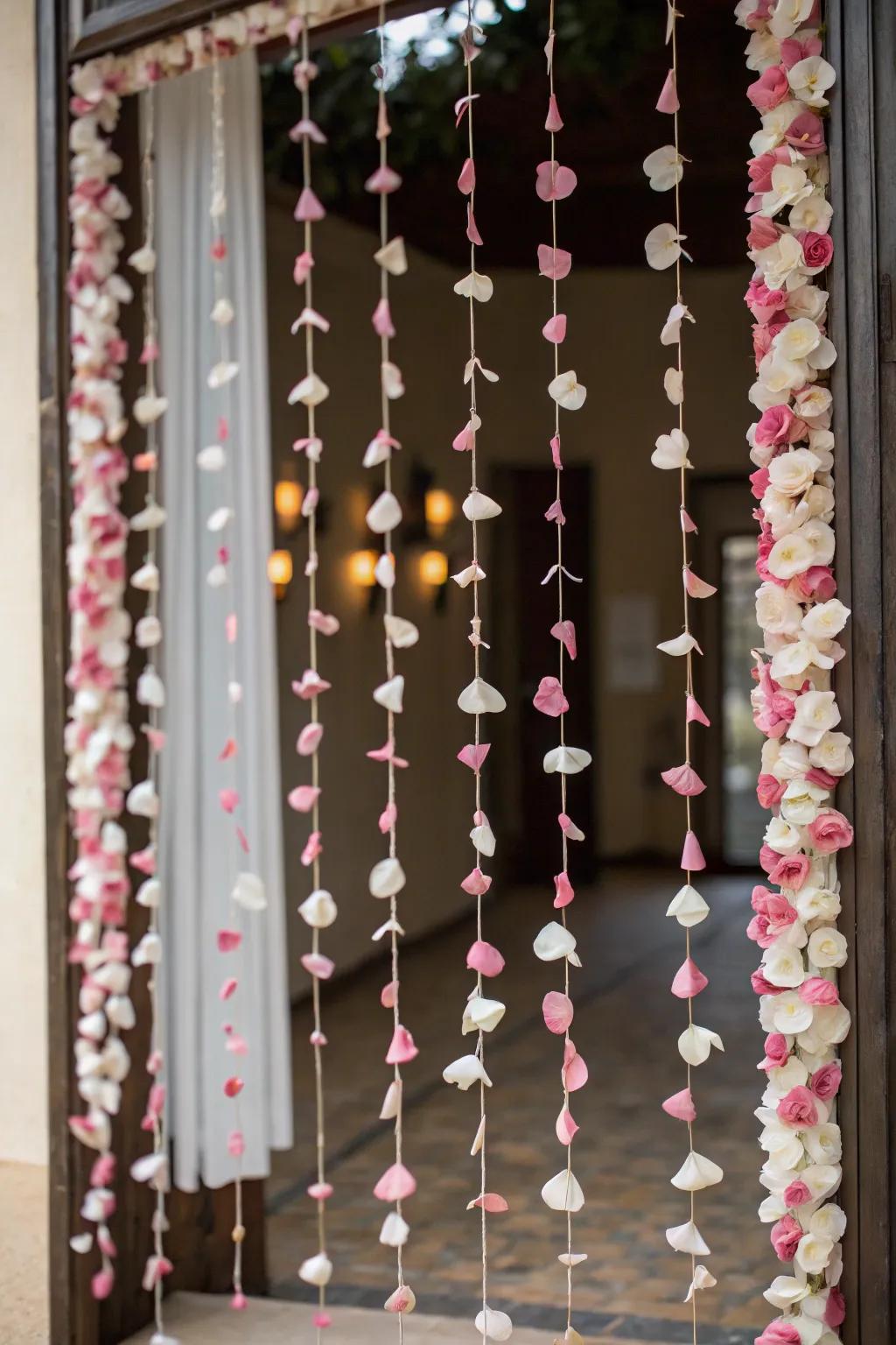 A whimsical curtain crafted from hanging rose petals