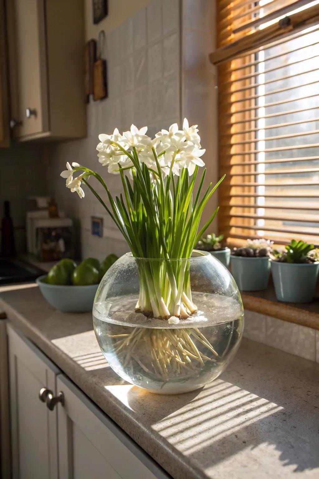 Paperwhites in a glass bowl add a whimsical and elegant touch.