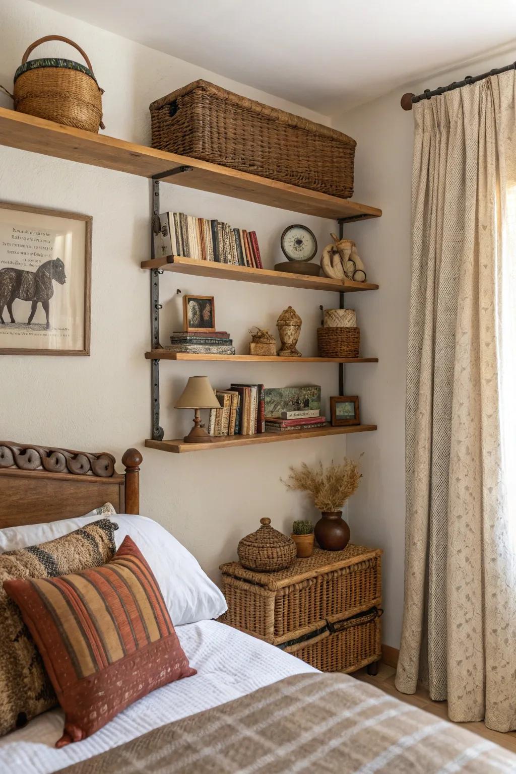 Wall-mounted shelves save space and add interest.