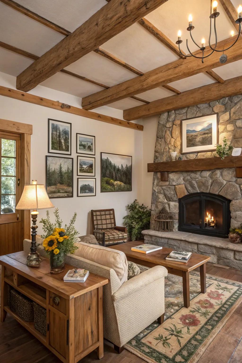 A living room complemented by rustic wall art.