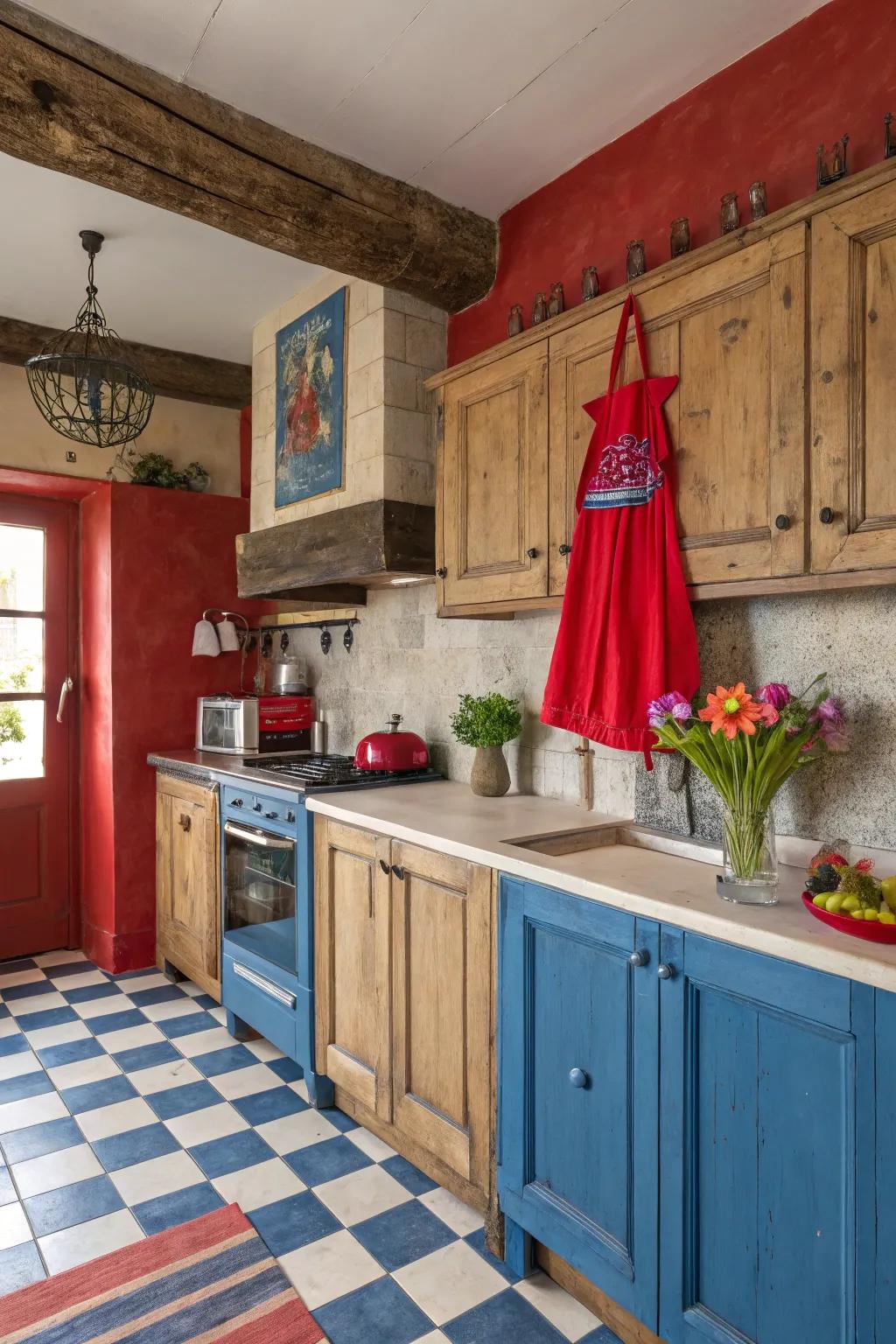 Bold color accents bring unexpected vibrancy to rustic kitchens.