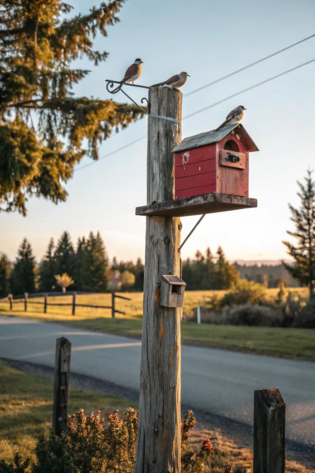 An incorporated birdhouse adds life and charm to this mailbox post.