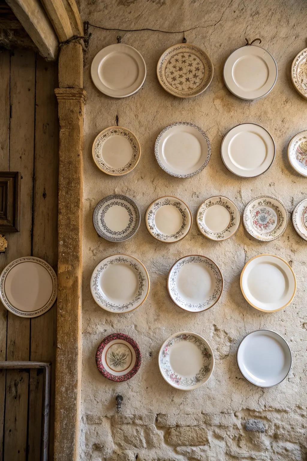 A symmetrical arrangement of plates brings elegance to rustic wall decor.