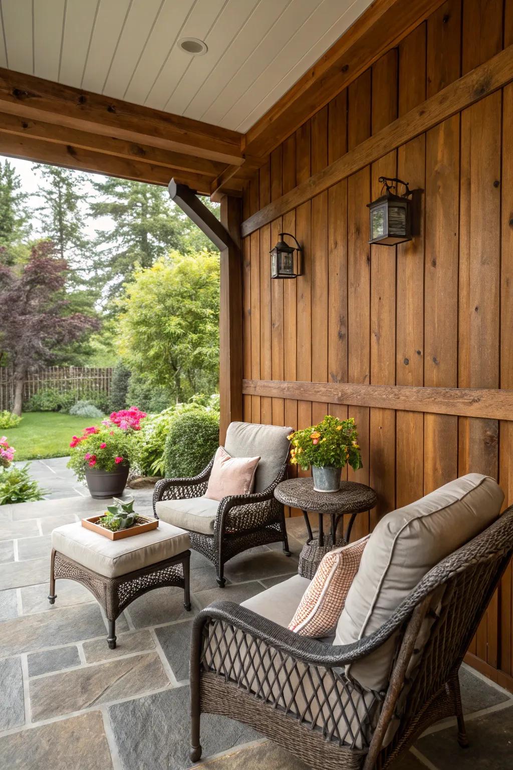 Outdoor wainscoting creates a cozy, cabin-like retreat on the patio.