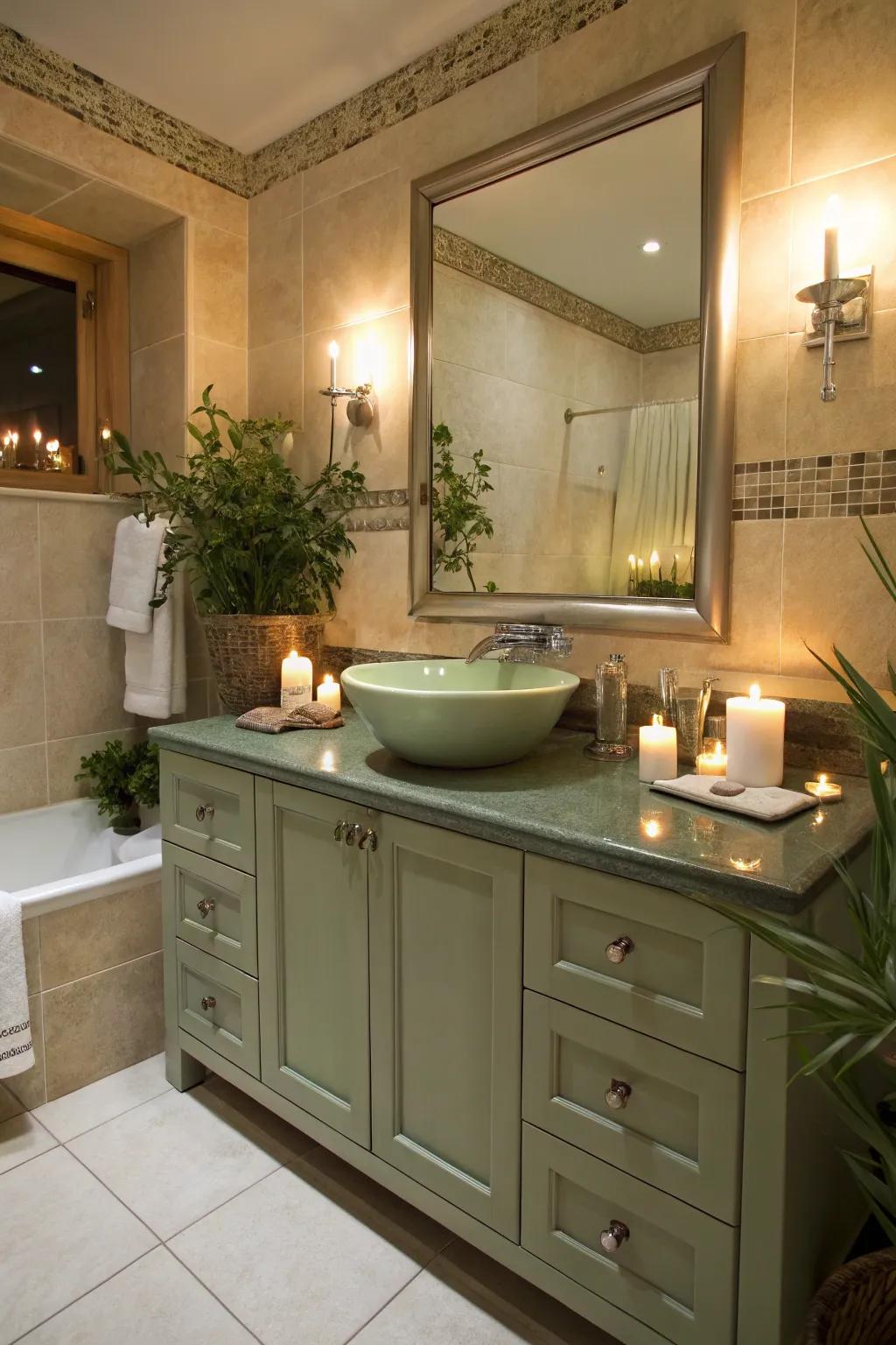 A spa-inspired bathroom with a sage green vanity, perfect for relaxation.