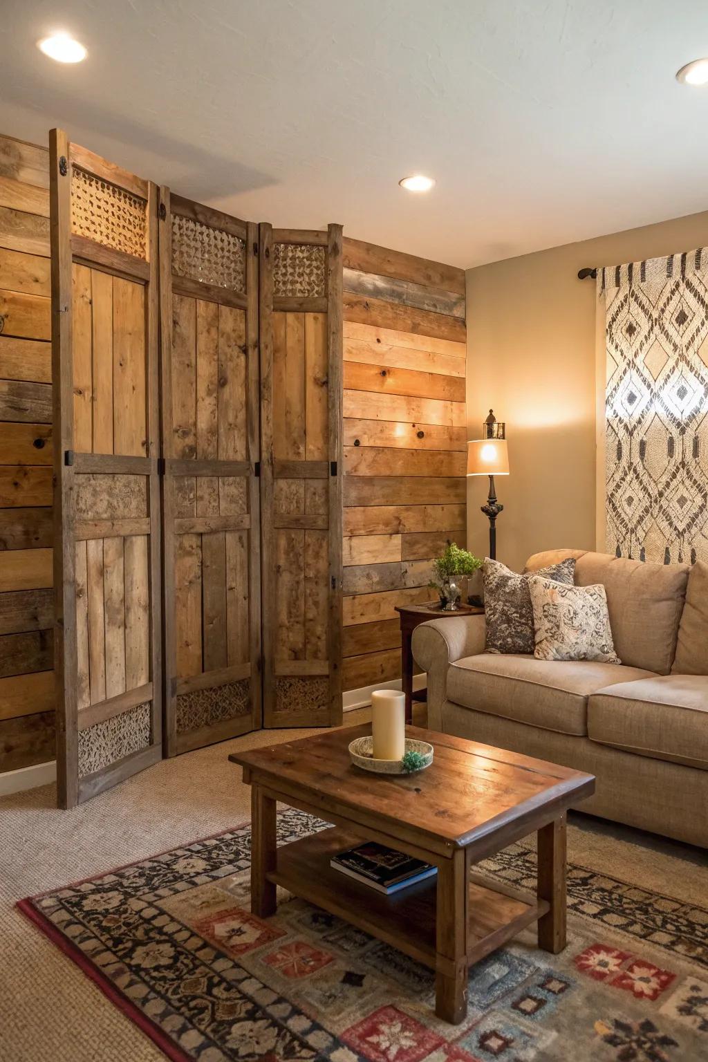 Rustic screen walls provide warmth with reclaimed wood.