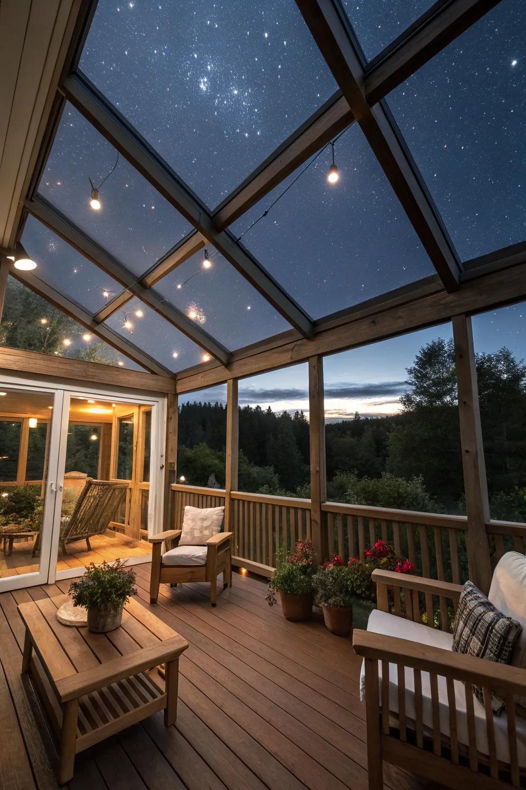 Skylights on a porch offer a stunning view of the stars.