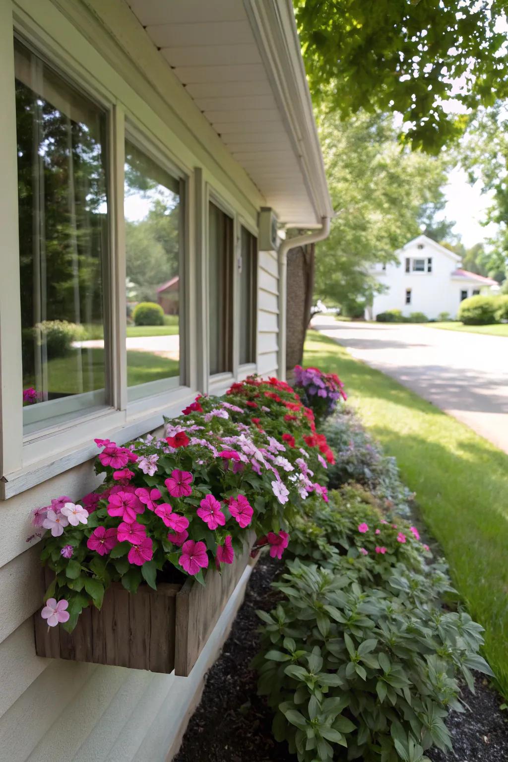 Vinca provides resilient blooms for easy-care window boxes.