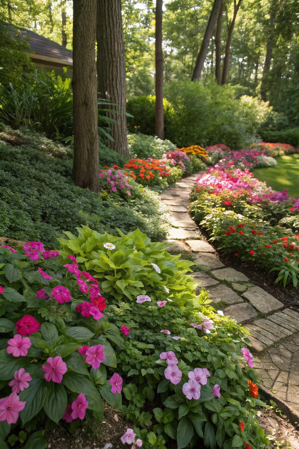 Pops of surprise color in a shaded garden.