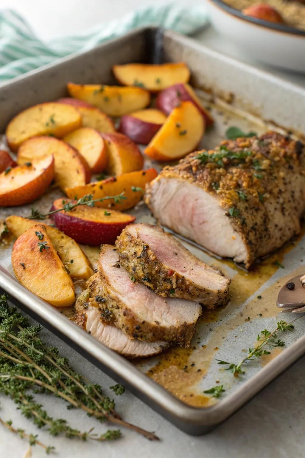 Herb-crusted pork tenderloin with apples, a fall favorite.