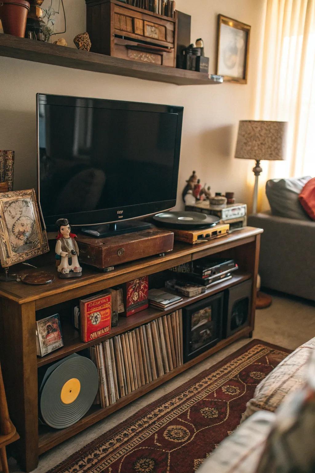 Vintage decor adds warmth and nostalgia above the TV.