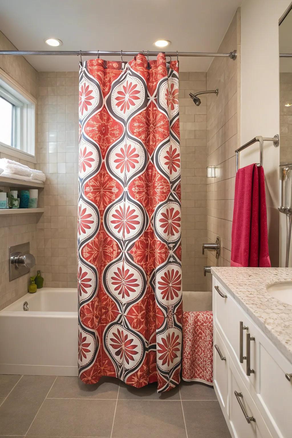 Expressive style with unique shower curtains.