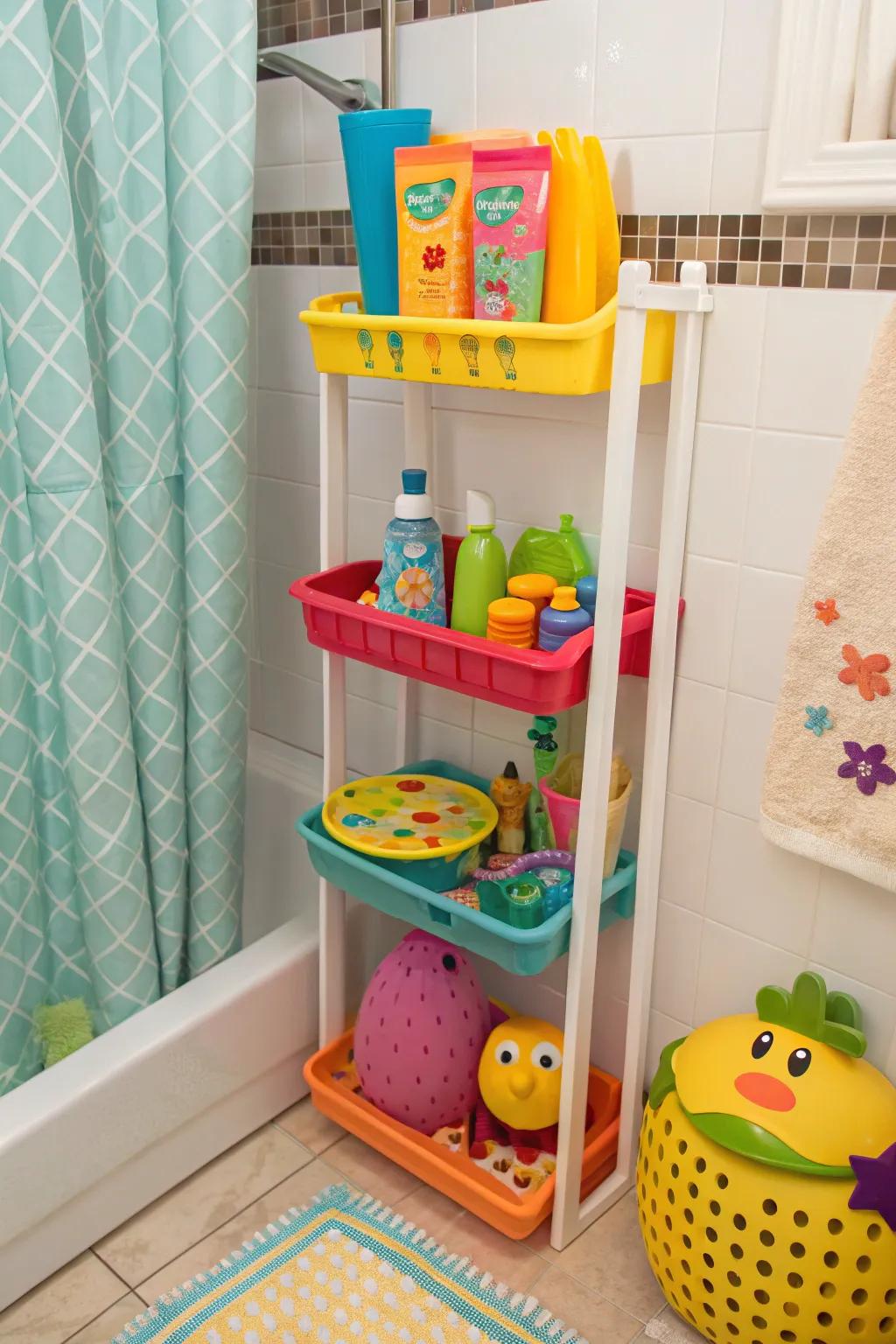 Colorful plastic shelves add a playful touch to kid-friendly showers.