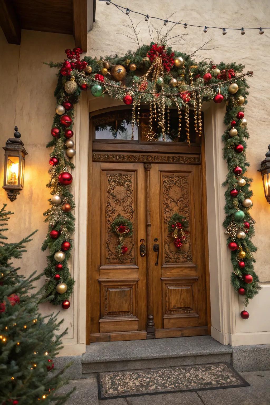 An ornament garland brings sparkle and nostalgia to the entrance.