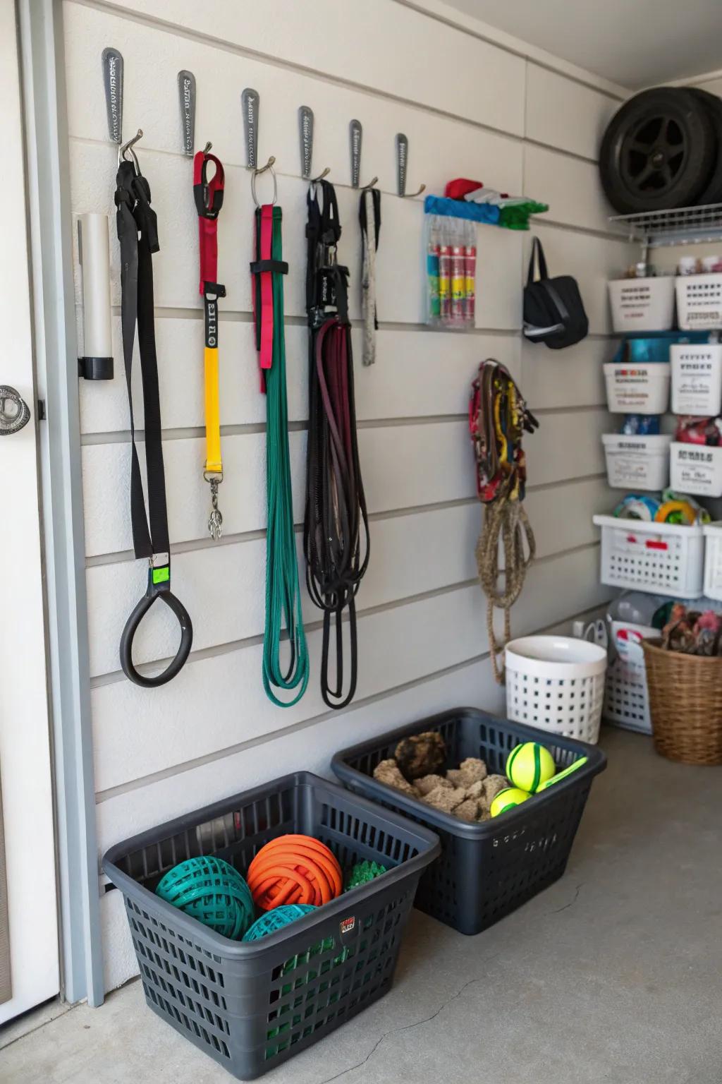 A pet care station on a slatwall keeps all your pet supplies organized.