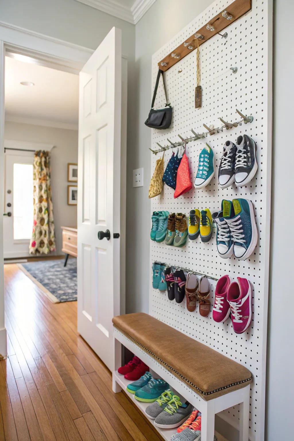 Pegboards offer versatile and creative shoe storage.